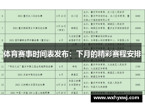 体育赛事时间表发布：下月的精彩赛程安排